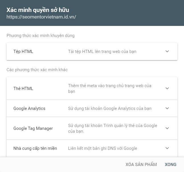 Lựa chọn phương thức xác minh website mà bạn muốn