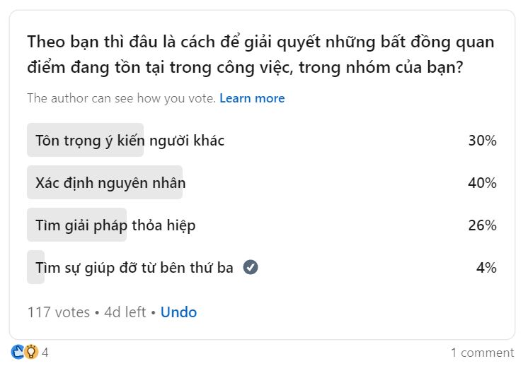 Khảo sát về việc gặp bất đồng quan điểm trong nhóm thì bạn nên làm gì?